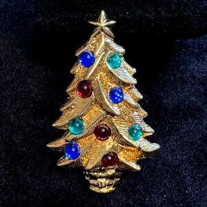 Smallish Christmas Tree Pins Gold Tone w/ Multicolor Jelly-style Ornaments Monet